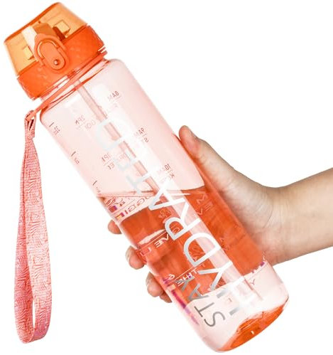 OLDLEY 1L Sports Water Bottle with Straw, Tritan 1 Litre Motivational Drink Bottle, BPA Free Leakproof Transparent Water Bottle with Time Marker for Cycling, School, Gym, Outdoor (Peach)