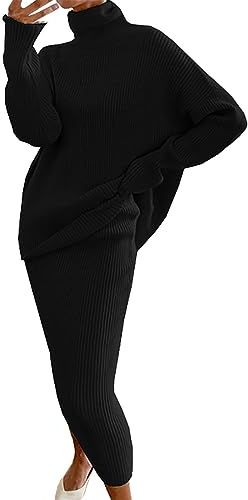BOTCAM Strick Set Damen Zweiteiler Rock - Strickanzug Partyanzug Hochkragen Langarm Strickpullover und Rock Set Winter Warm Maxikleid Pulloverkleid Elegant Bekleidungssets Hausanzug