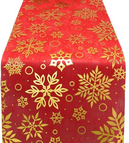 Tischläufer Weihnachten Rot, 28CM x 500CM Rolle Mit Gold Schneeflockenmuster, Organza Tischband Glänzend Tischdeko für Silvester, Adventszeit, Ramadan