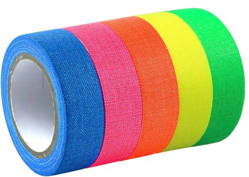 Cleminsta 5 Rollos Neon Tape Cinta Adhesiva, UV Fluorescente Luz Negra, Neón Gaffer Tape, Cintas Adhesivas Fluorescente, para Suministros De Fiesta De Luz Negra Para Halloween(12,7 mm x 5 m)
