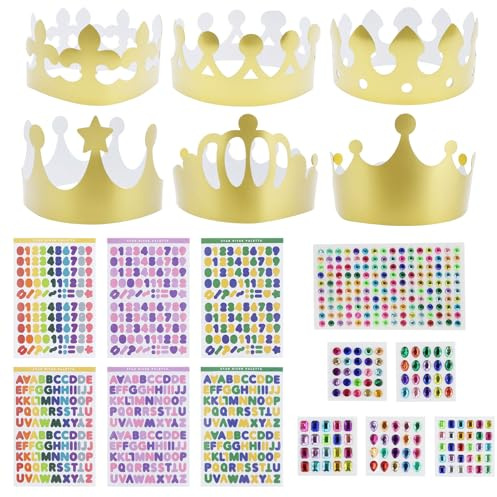 19 Stück Papier Krone Partyhüte mit 6 Blatt Alphanumerische Aufkleber und 6 Blatt Selbstklebende Strasssticker, Golden Paper Crowns, Diy Party Krone Geburtstag, für Junge Mädchen Geburtstagsfeier