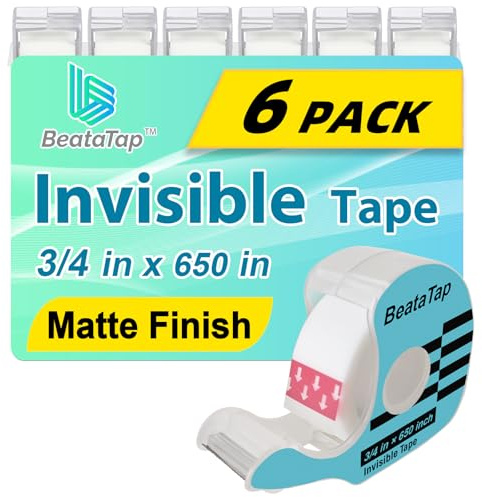 BeataTap Tape, Invisible Tape for Gift Wrapping, 6 Rolls+6 Refillable Dispensers, Matte Finish, Writable, 3/4″x 650″, Clear Tapes for Christmas Wrapping Paper, Office&School Supplies