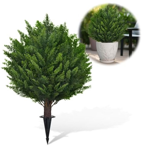 Artificial Cedar Topiary Ball Tree with Ground Spike,15.7 inch Faux Cypress Plant Artificial Bushes for Indoor Outdoor Room Porch Garden Backyard Decor (1PCS)
