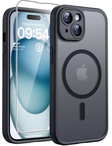 TOCOL für iPhone 15 Hülle für Magsafe, Vollständiger Kameraschutz Stoßfest Kratzfest Transluzente Rückseite Magnetisch Handyhülle für iPhone 15 Case, Schwarz