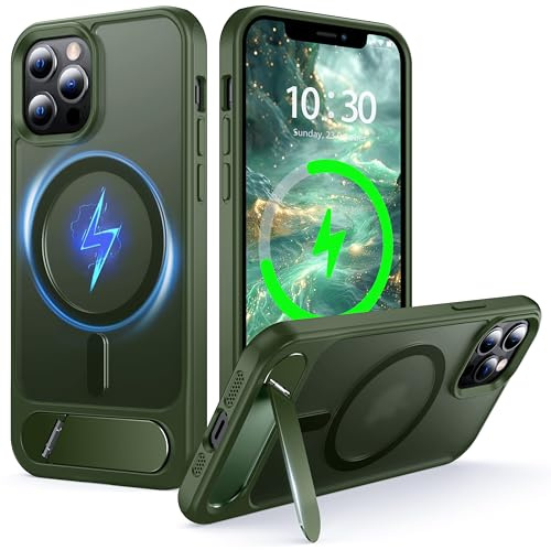 NJROW Magnetic Stand for iPhone 12 Pro Max Case Compatible with MagSafe | [Stand & Wireless Charging 2in1] [Flush Hidden Kickstand] [Military Shockproof] Slim Translucent Matte,Green
