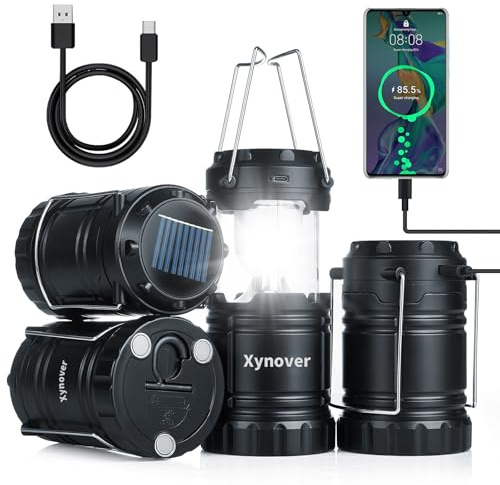 Xynover Lot de 4 lanternes solaires de camping – Lampes LED rechargeables, base magnétique et crochet de suspension pliable – Lampe pliable alimentée par piles, parfaite pour les pannes de courant, la