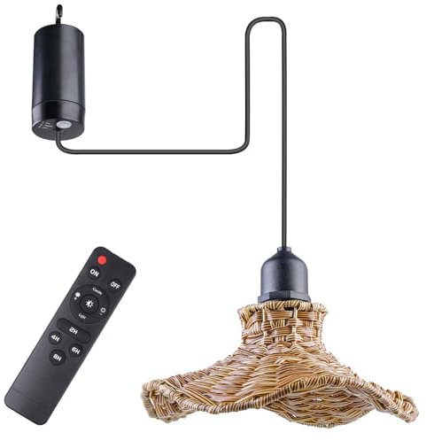 GBKDQQ Hängelampe mit Batterie, Vintage Pendelleuchte Rattan Lampe mit Fernbedienung Rattan Hängelampe E27 Lampefassung Pendelleuchte ohne Stromanschluss für Patio Bar Hof Garten
