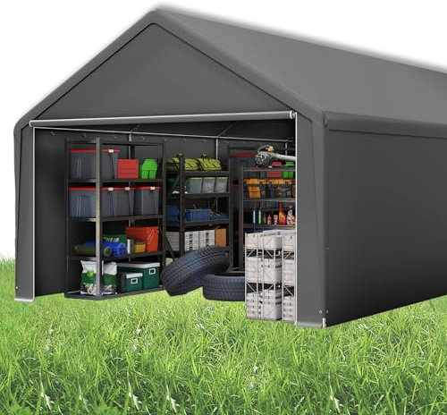 Suusolny Lagerzelt Gartenschuppen Gerätehäuser Winterfest Gerätezelt Carport mit Dach UV-beständig Pergola im Freien mit Abnehmbare Seitenwände Weidezelt Fahrradgarage Geräteschuppen - 4x8m - Grau