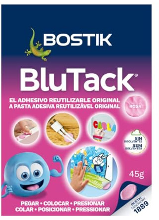 Bostik Blu Tack Original Rosa, Masilla Adhesiva, Moldeable y Reutilizable, Fijación de Objetos, Limpia, Segura y Fácil de Usar, Sustituye Chinchetas y Cintas Adhesivas, Sobre 45 g