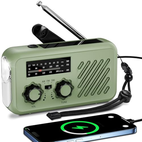 Radio Portable Urgence, AM/FM/SW Radio a Piles Survie, Radios Solaire Rechargeable à Manivelle avec Alarme SOS, 2000mAh Powerbank, Lampe de Poche, Lampe Lecture LED