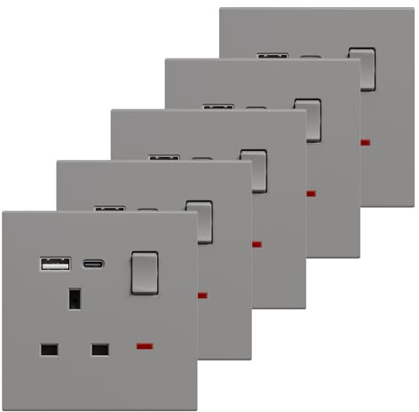 BSEED Single Socket with USB C 5 Pack, Electrical Single Switched Power Plug Wall Socket with LED Indicator, PC Wall Plate Outlet, Grey, 13A