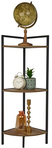 URBNLIVING Rustic 3 Tier Corner Cabinet - Space-Saving Metal & MDF Free Standing Bookcase Shelving Display Unit for Home, Office & Living Room - Compact 76cm Height with Durable Construction