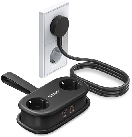 ORICO GAN 65W Regleta USB C de Viaje, Enchufe Múltiple 6 en 1, Negro | Carga rápida PD MacBook; 2 tomas AC y 4 USB; Diseño compacto con enrollador para cable 1,6m; ideal para viajes y el hogar