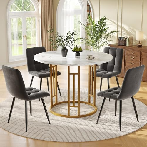 Aunvla Esstisch-Set (5-teilig), Esstisch-Set mit 4 Stühlen, Modernes Küchen, Runder Küchentisch mit 80 cm Durchmesser und goldenen Metallbeinen,MDF-Marmor-Tischplatte,Esszimmerstühle aus graue