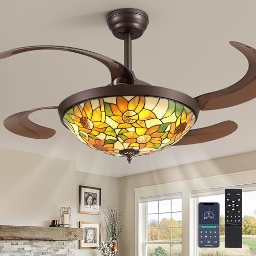 APBEAMLighting 48inch Flower Tiffany Style Ceiling Fan with Light | APP/Remote Control Stained Glass Dimmable Retractable Reversible Quiet Motor Vintage Fan for Dining Living Room Bedroom