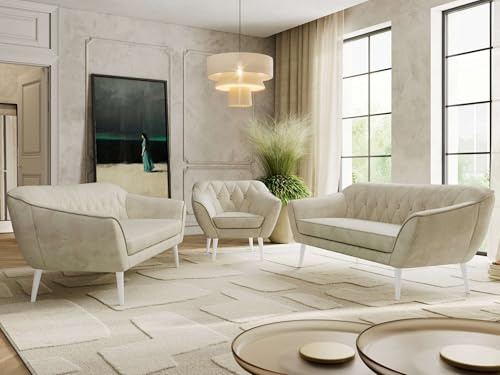 MKS MEBLE Sofagarnitur PIRS 3 + 3 + 1 - Couchgarnitur im skandinavischen Design, Gesteppte Polsterung, Wellenfederung, Wohnzimmer Sofa Set - Weiße Beine, Beige Velvet