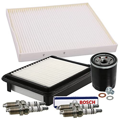 Inspektionspaket SET C 1x Ölfilter 1x Luftfilter 1x Innenraumfilter 4x Zündkerze BOSCH Super plus FR7DCX+ 1x Ölablass-Schraube 1x Dichtring für Ölablass-Schraube