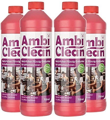 Descalcificador universal AmbiClean para cafeteras automáticas, cafeteras etc. | 100% Naturales | Fabricado en Alemania | Para Jura, Siemens, Delonghi, Krups, Melitta, Bosch y muchos más.| 4x750ml