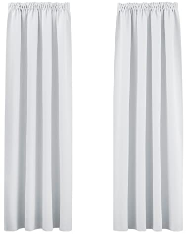 PONY DANCE Wohnzimmer Gardinen mit Kräuselband Weiss 2er Set Verdunklungsvorhänge für Schienensystem Thermogardine Wärmeisolierend, H 228 x B 228 cm, Grau-weiß