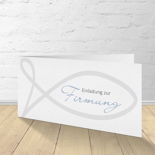 5 Karten zur Firmung mit passenden Umschlägen, Motiv Firmung Fisch_blau, Einladungskarten zur Firmung, Klappkarten im Set zu 5 Stk.