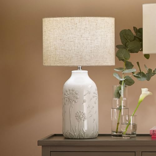 Pacific Lifestyle White Floral Table Lamp for Living Room | Complete Table Lamp with Dandelion Ceramic Base and Cotton Lampshade | Shabby Chic Country Bedroom Standard Table-Lamp