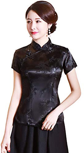 Shanghai Story Chemise chinoise Cheongsam à manches courtes pour femme, Fleur noire., Taille 3XL