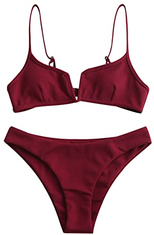 ZAFUL Damen Bikini Set Zweiteilige Badeanzug High Cut Bralette Sexy Swimsuit Sommer (Weinrot, L)