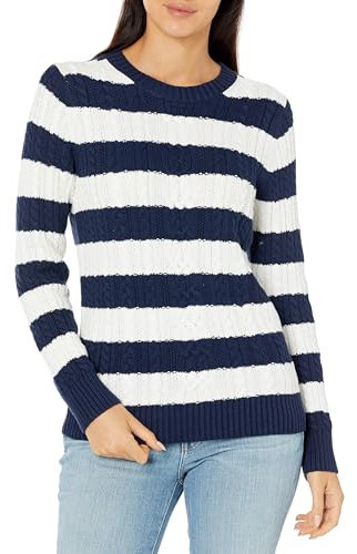 Amazon Essentials Damen Weicher Fisherman Cable Langarm-Pullover Mit Rundhalsausschnitt (In Übergröße Erhältlich), Marineblau Weiß Rugby-Streifen, L
