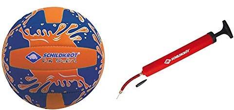 Schildkröt Funsports Neopren Mini-Beachvolleyball GR. 2 Ø 15cm, orange/Blau, 2 & Schildköt Ballpumpe, inkl Luftschlauch und 2 Nadeln, Balllpumpe für Fussball, Volleyball, Basketball, 970989, Rot