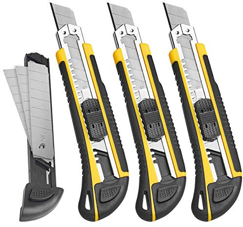 DOWELL Utilidad cuchillo caja cortador retráctil, pesado snap off cambio rápido hojas extras (3 hojas) TPR + PP mango corte cajas de cartón o bricolaje, 3 piezas