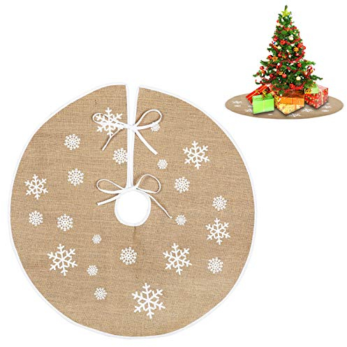 EKKONG Falda de árbol de Navidad de lino, retro con copos de nieve blancos, decoración navideña (80 cm)