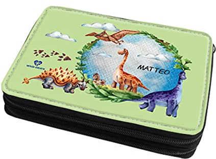 wolga-kreativ Federmäppchen gefüllte Federtasche Mäppchen Federmappe Dino Welt Mäppchen Stiftemäppchen für Jungen mit Namen personalisiert Bedruckt Schlampermäppchen