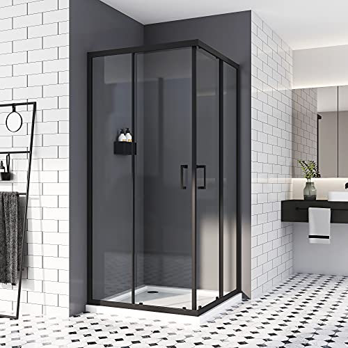 Duschkabine 80 x 90 cm,Doppel Schiebetür Eckeinstieg Duschabtrennung Eckdusche Duschtür 6mm ESG icherheisklarglas NANO Beschichtet Höhe 185cm Schwarz