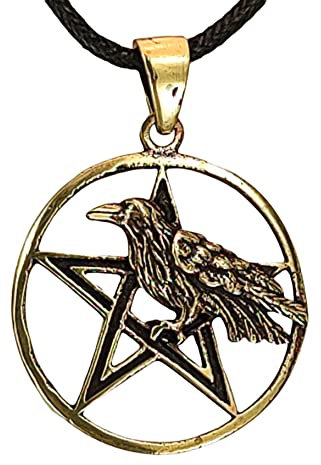 Kiss of Leather Anhänger Pentagramm mit Rabe aus Bronze mit Baumwollband