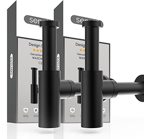 senstil Design Siphon für Waschbecken & Waschtisch - Massives Messing - Geruchsverschluss Matt Schwarz 2er-Set
