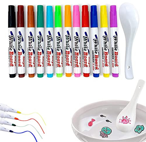 pohdhk Magical Water Painting Pen, Pintar Rotuladores Flotantes, Bolígrafo Mágico de tinta flotante con cuchara, bolígrafos mágicos de pintura al agua para niños (12 colores)