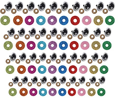 100x Sicherheitsaugen mit bunter Glitzerscheibe, Augen Teddy Plastikaugen Puppen Augen Set Glitzer Bunte Sicherheitsaugen Puppenaugen mit Unterlegscheiben für Puppe häkeltiere DIY Spielzeug(16MM)
