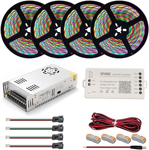 TOPXCDZ WS2812B WS2812 IndividuaIIy AddressabIe RGB-LED-Lichtleiste, 20 m, DC5 V, LED-Transformator, Netzteil, SP108E WiFi-Steuerung, IP30, nicht wasserdicht, 30 LEDs, schwarze Leiterplatte
