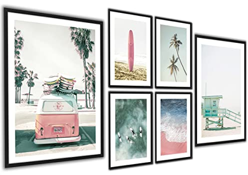 Sommer Poster Set | Wanddeko Wohnzimmer & Schlafzimmer | 6 moderne Wandbilder | Bilder Strand, Meer, Palmen, Surf, Beach, Ocean | 2x 40x50 + 4x A4 | ohne Bilderrahmen