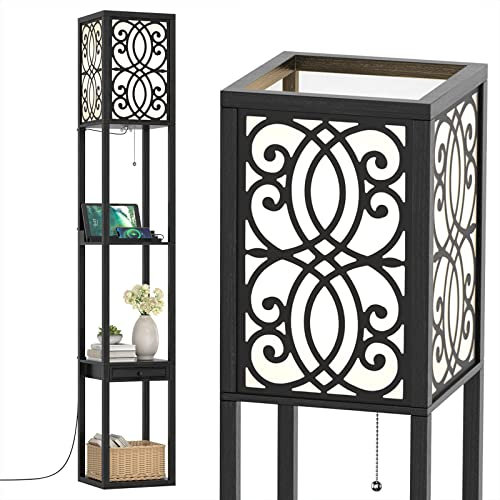 RELAX4LIFE Lampadaire Étagère 160 CM, Lampadaire Salon sur Pied Moderne, Abat-jour en Tissu, Lampe sur Pied pour Salon Chambre Bureau (Style 4)