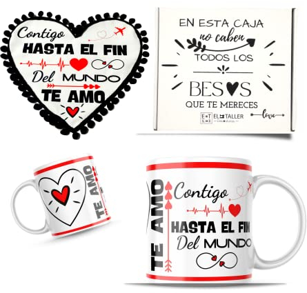 ETKR - Regalos Originales para Parejas - Regalo para Novia - Regalos San Valentin - Pack Taza + Cojín con Relleno- San Valentin - Regalo Pareja, Enamorados, Novia, Novio, Para Hombre, Mujer -Fin Mundo
