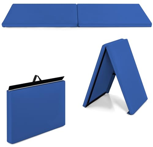 GYMAX Tappetino da Yoga/Fitness Materassino per Ginnastica, Spesso 5 cm, Manico Portatile e Pieghevole, 180 x 60 x 5 cm (Blu)
