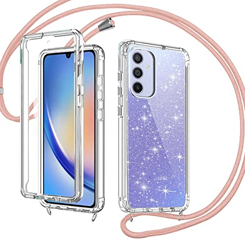 Rosyhulle Glitzer Handykette für Samsung Galaxy A54 5G Hülle mit Band, Handyhülle mit Eingebautem Displayschutz für Samsung A54, 360 Grad Transparent Silikon Stoßfest Schutzhülle mit Kette, Roségold