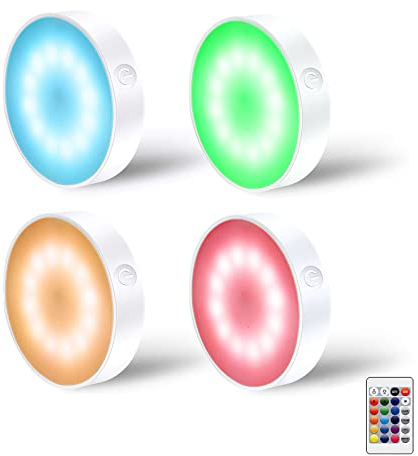 LAVAED 4 Pack RGB+W 16 Color Changing Puck Lights with Remote Control 12LEDs Dimmable Closet Lights,600mAh USB Rechargeable Display Cabinet Lights,Christmas Lights
