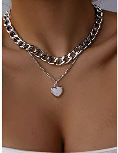 Atentuyi Punk Chain Cuban Chunky Necklace Silver Choker Layered Necklaces Pendant Heart Necklace Flat Curb Link Chain Thick Chain Multilayer Collar Necklace Jewelry for Women and Girls