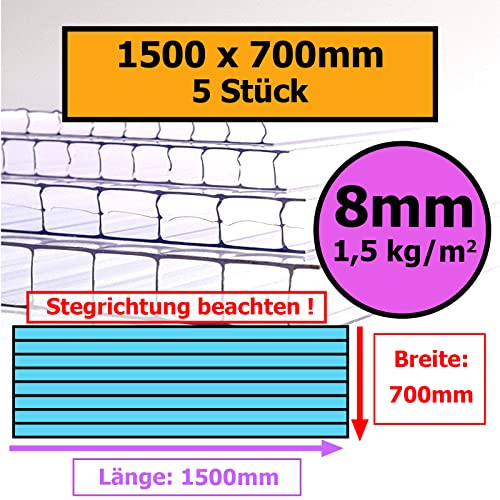 8mm | 5 Stück | 1500x700mm | Löffert® Gewächshausplatten | 1500g/m² Polycarbonat | Doppelstegplatte | 4mm 6mm 8mm 10mm | alle Standard-Größen & Wunschmaß eintippen