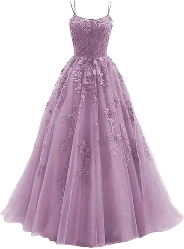 Sincemeet Damen Ballkleid aus Tüll mit Spaghettiträgern Lange Spitzenapplikationen Ballkleider A Linie formelle Party Abendkleider Ballkleider Damen Lang