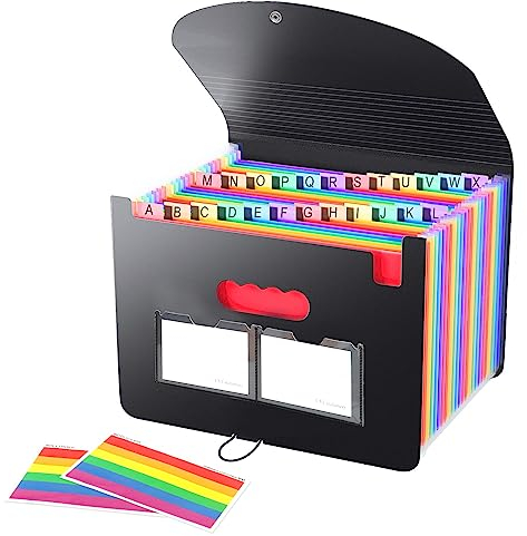 Dokumentenmappe A4 26 Fächer, Sortiermappe Fächermappe Datei Organizer mit Netztasche und Bunten Labeln, Bunte Datei Ordner Regenbogen Aktenordner Ordner Akkordeon Design