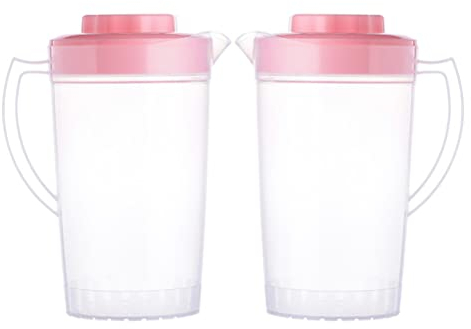 DOITOOL Pichet En Plastique 2 Pièces Avec Couvercle Pichet À En Plastique De 2 L Avec Poignée Pour Jus Thé Glacé Boissons Chaudes Froides (Rose)