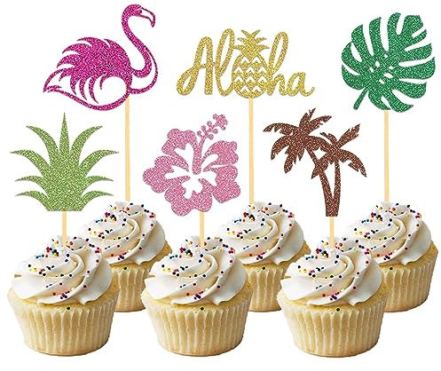24 Stück Glitzer Tropische Hawaii Cupcake Topper, Flamingo Tortendeko, Aloha Cupcake Topper für Hawaii Aloha Luau Poolparty Sommerparty Dekoration (Aloha Gold)